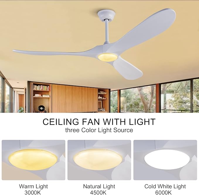 BOJUE Ceiling Fans with Lights 60 Inch Indoor Outdoor Ceiling Fan with Remote Control & 3 Wood Blade,Wood Ceiling Fan for Patio Living Room Bedroom (White Blades)