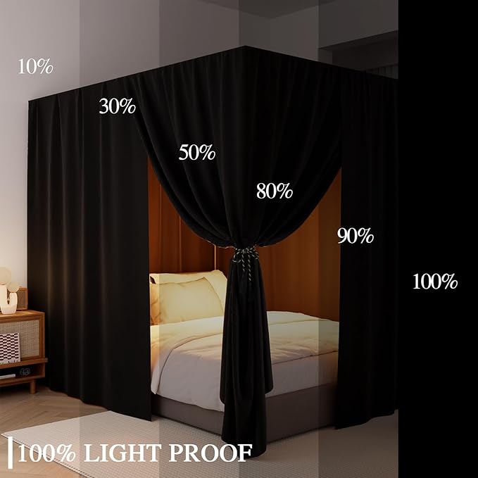 Black Canopy Bed Curtains - 4 Corner Post Bed Curtains King Lightproof Drapes Bed Canopy Curtain with Tie Backs for Adults & Girls Bedroom Decoration(Black,King)