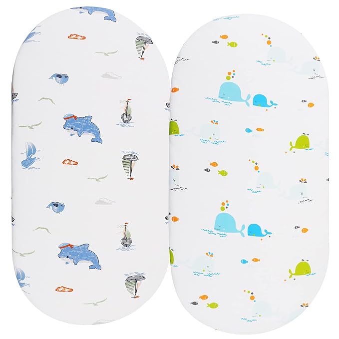 Bassinet Sheets Compatible with Baby Delight Beside Me Dreamer Bassinet, 2 Pack, 100% Jersey Knit Cotton 190GSM, Ultra Soft Breathable, Dolphin and Whale