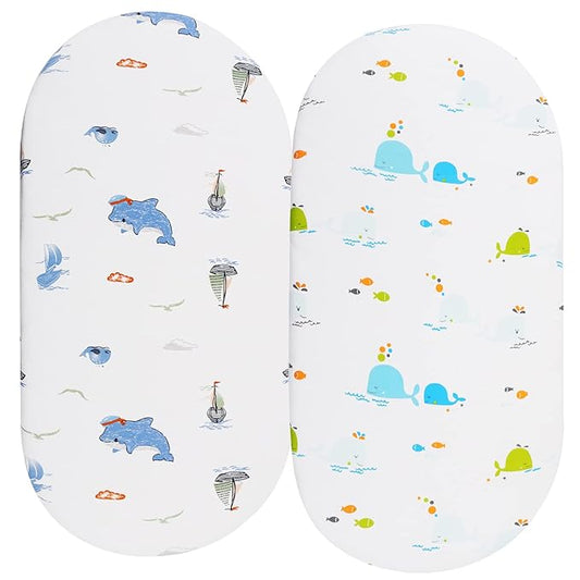 Bassinet Sheets Compatible with Baby Delight Go with Me Slumber Bassinet/Beside Me Doze Deluxe Bedside Bassinet, 2 Pack, 100% Jersey Knit Cotton 190GSM, Ultra Soft Breathable, Dolphin and Whale