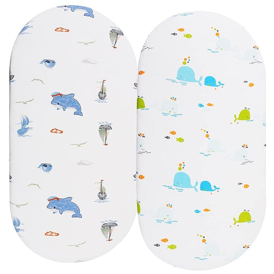 Bassinet Sheets Compatible with Arm's Reach Co-Sleeper Bassinet, 2 Pack, 100% Jersey Knit Cotton 190GSM, Ultra Soft Breathable, Dolphin and Whale