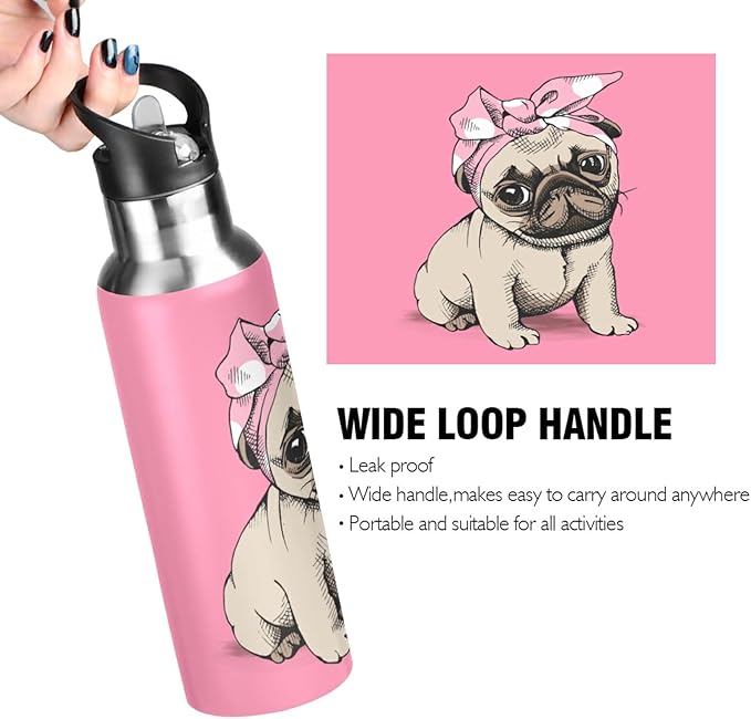 Blueangle 32 OZ Pink Headband Pug Water Bottle with Straw, Sports Water Bottle BPA Free Stainless Steel Water Jugs for Gym, Kitchen, Working, Outdoor（201）