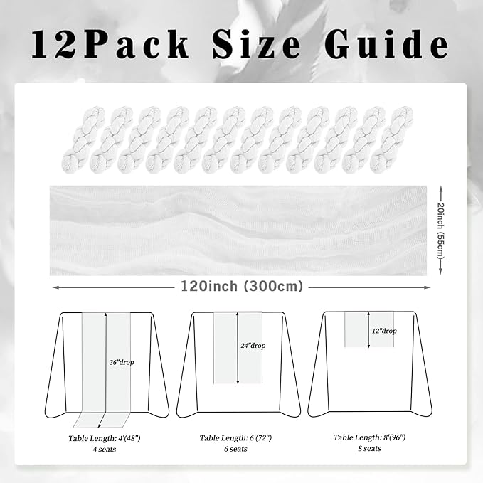10FT 12 Pack White Cheesecloth Table Runner 20 x 120 Inch Long Rustic Gauze Cheese Cloth Table Runner for Wedding Bridal Baby Shower Table Decorations Boho Fabric Sheer Birthday Party Table Decor