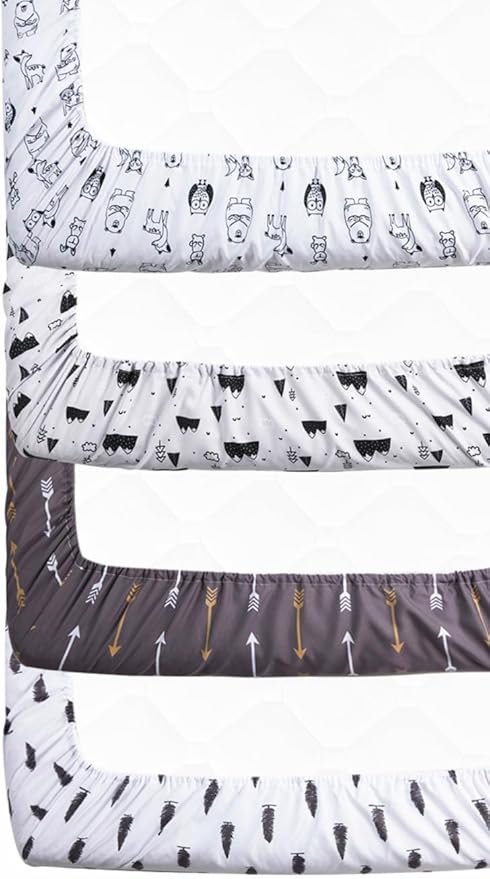 4 Pack Woodland Forest Animals Wood Neutral Unisex Fitted Baby Crib Sheets Set for Baby Boys or Girls Cartoon