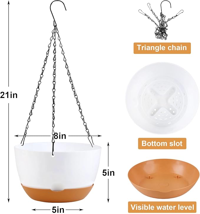 4 Pack Hanging Planter for Plants Indoor,8 Inch Plant Pot Outdoor Plastic Hanging Baskets with Drainage Holes and Chain for Garden Porch Plants(White+Black+Green+Beige)