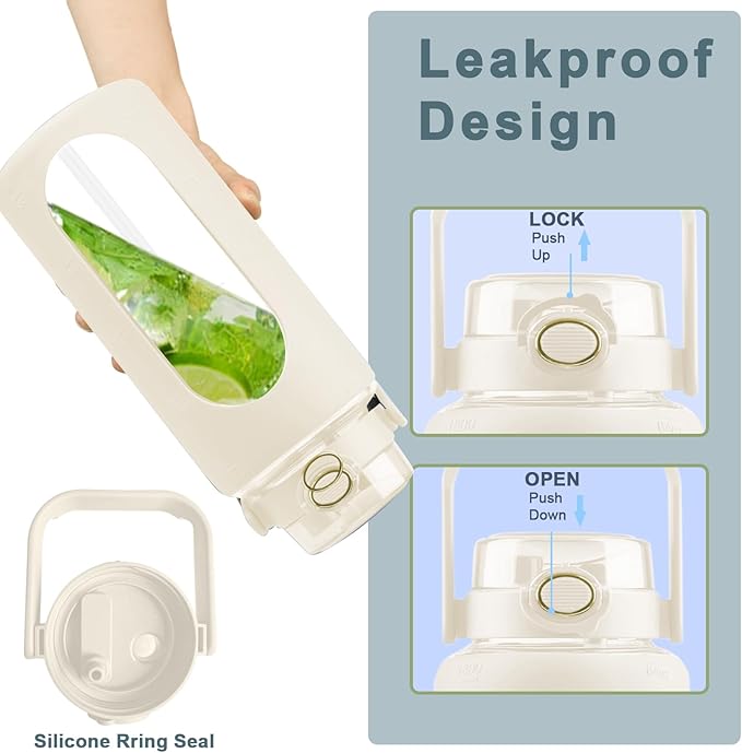 64 Oz Glass Water Bottle with Straw and Lid, Sports Motivational Water Bottle, Leakproof Water Jug Fitness with Silicone Sleeve for Gym, Beige