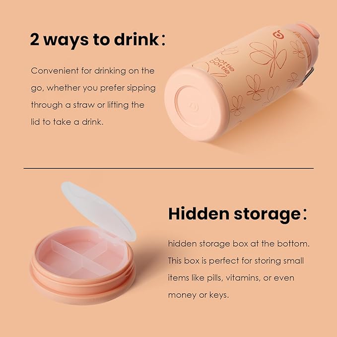 BOTTLE BOTTLE 32oz Insulated Water Bottle Stainless Steel Sport Water Bottle with Straw Dual-use Lid Design for Gym with Pill Box (yellow flower)