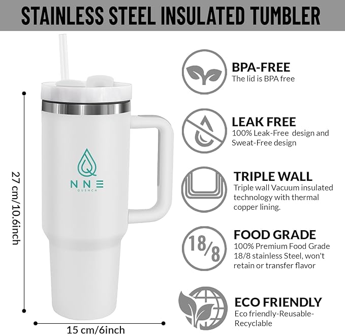 40oz stainless Steel Insulated Tumbler with Handle, lid and straw for cold water, Iced tea, or coffee - 100% Leak-Proof - Cupholder Friendly Travel Mug- Gifts for Women Men Him Her (white)