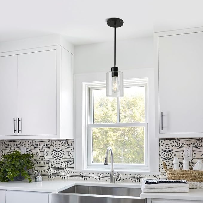 Black Pendant Lights Kitchen Island,Modern Farmhouse Glass Pendant Light,Light Fixture Kitchen Pendant Mini Hanging Light Fixture for Sink (1 Pack Black stem Rod)