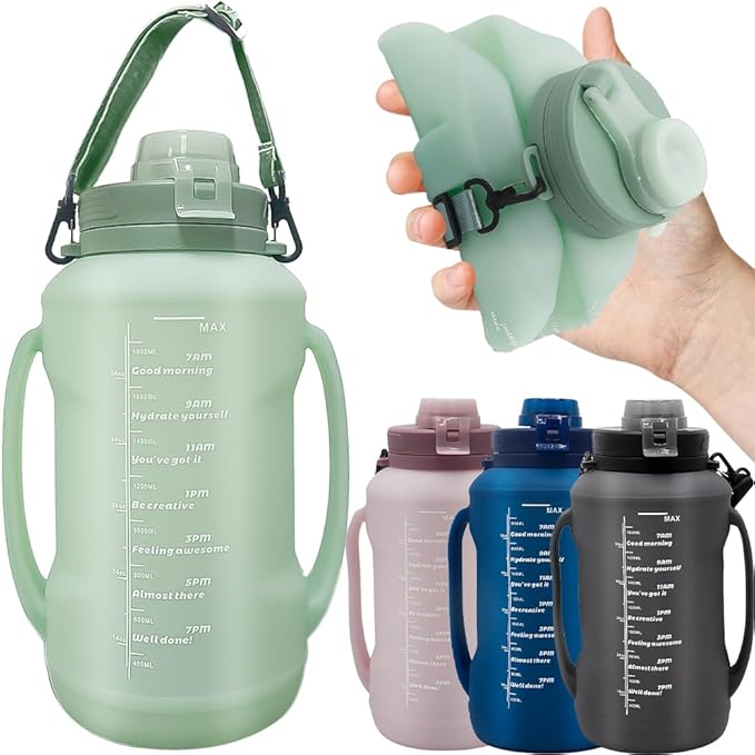 64oz Foldable Silicone Water Cups with Straw, BPA Free, for Outdoor Sports Water Bottle (Green)