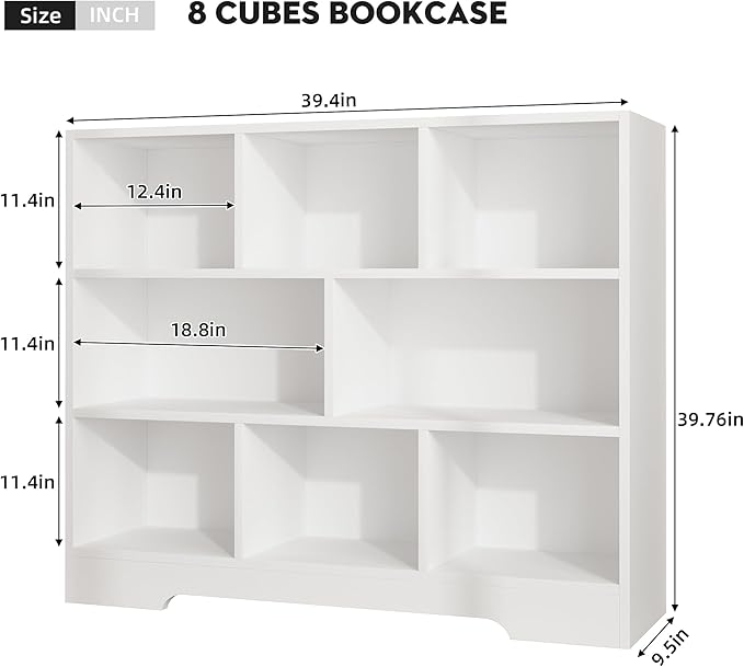 Book Shelf, 8 Cubes Storage Organizer, 3-Tier Open Shelf Wooden Bookcase, Freestanding White Bookshelf Cube Shelf for Bedroom, Living Room, Home Office