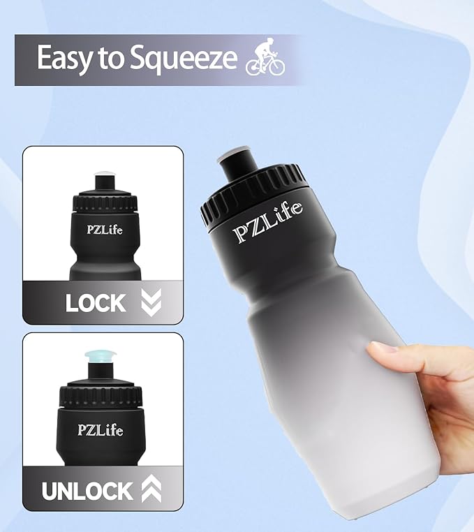 BPA Free Bike Water Bottles, 24 oz Cycling Squeeze Water Bottle - Easy Squeeze, w/Pull Top Lid, Leak Proof Sport Water Bottle with Capacity Scale, for Cycling, Gym