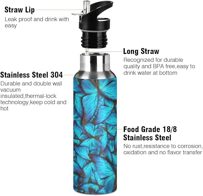 Blueangle Blue Butterfly Water Bottle with Straw Lid for Fitness Gym Camping Outdoor Sports, Wide Mouth Vacuum Insulated 18/8 Stainless Steel, 22 oz