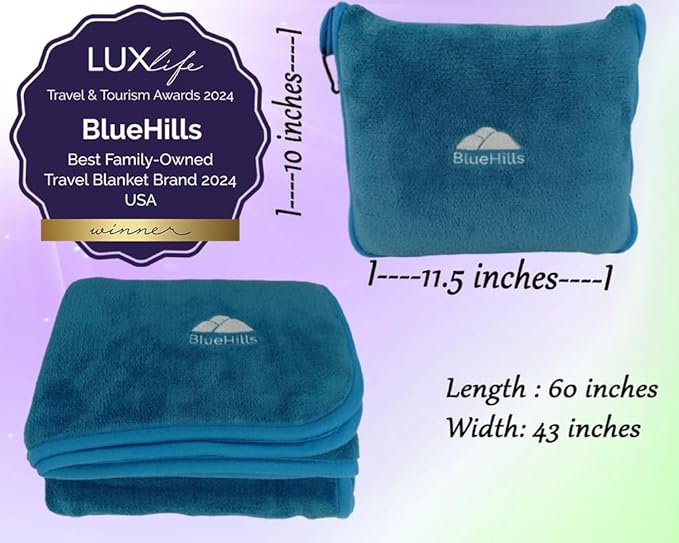 BlueHills Premium Soft Travel Blanket Pillow Airplane Blanket in Soft Bag case with Hand Luggage Belt and Carabiner Compact Pack Large Cozy Blanket for Plane Car Train Teal Blue T022