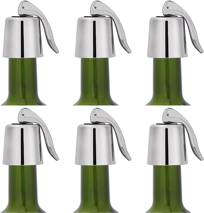 6Pcs Plastic Wine Stoppers, Reusable Wine Bottle Stopper with Silicone Seal, Wine Saver and Decorative Bottle Sealer, Beverage and Wine to Keep Fresh (Silver）
