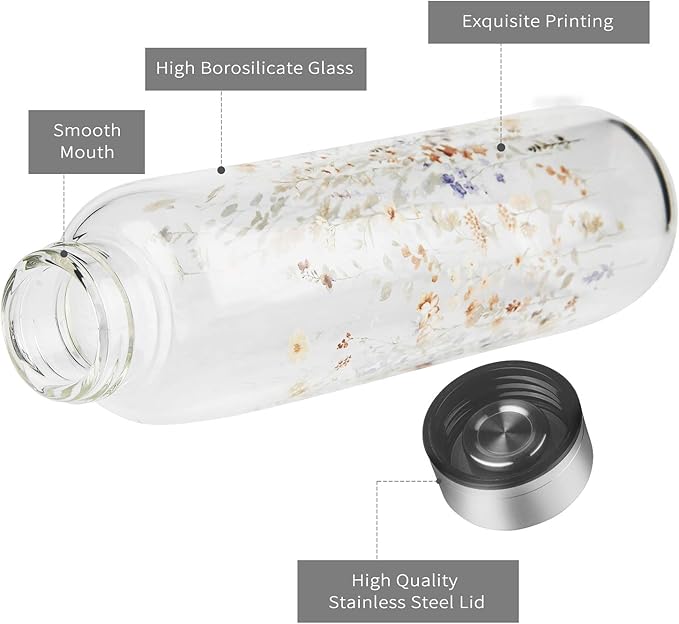 Borosilicate Glass Water Bottle, Sports Glass Drinking Bottle with Neoprene Sleeve and Stainless Steel Lid 16oz / 32oz