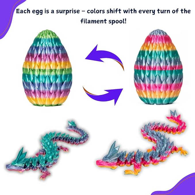 3D Printed 12” Articulated Crystal Dragon Inside 5.1” Egg – Fantasy Collectible, Fidget Toy & Stocking Easter Basket Stuffers for Home & Office Decor (Rainbow)