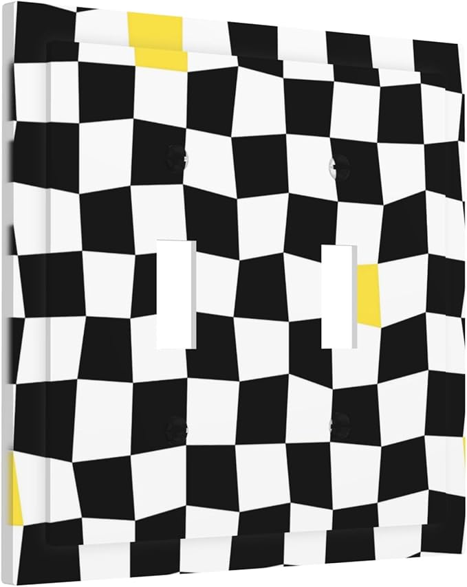 Black and White Distorted Squares Double Toggle Light Switch Covers 2 Gang Wall Plate Dual Decorative Switchplate Electrical Faceplate for Bathroom Country Kitchen Bedroom Decor, 4.9" x 5"