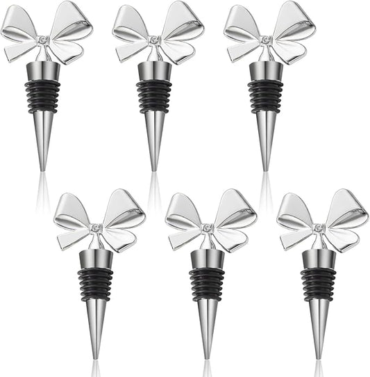 Bowknot Christmas Wine Bottle Stoppers, Holiday Decor - zinc alloy Decorative Wine Stoppers - Wine Gift for Hostess - Cute Wine and Beverage Corker Bottle Sealers (6 pcs)