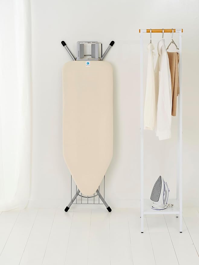 Brabantia Size C Ironing Board (49 x 18in) 7 Height Options, Adjustable Steam Iron Rest Holder & Linen Rack (Ecru) Non-Slip Feet, Anti-Collapse Child Locks