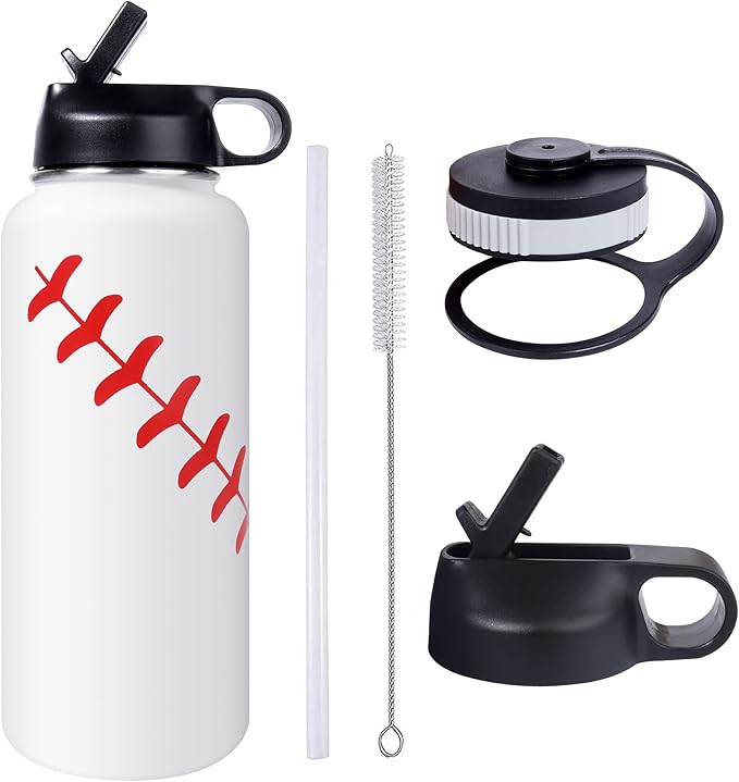 40oz Wide Mouth Baseball Water Bottle with Two Lids(Straw, Handle Lid), 18/8 Stainless Steel Vacuum Insulated for Travel & Sport Cup. (Baseball White, 40oz)