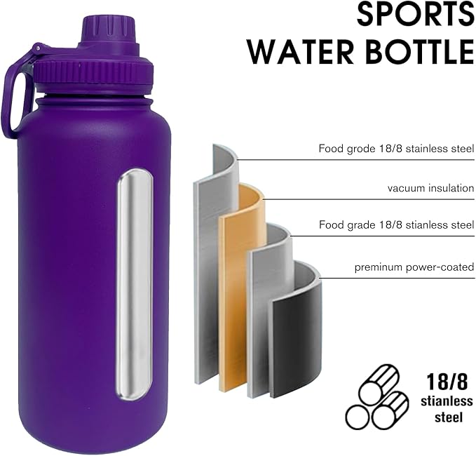 32oz Insulated Water Bottle ，Stainless Steel Sports Water Cup Flask with 2 Lids, Wide Mouth Travel Thermal Mug,Outdoor Sports Bottle（Purple）