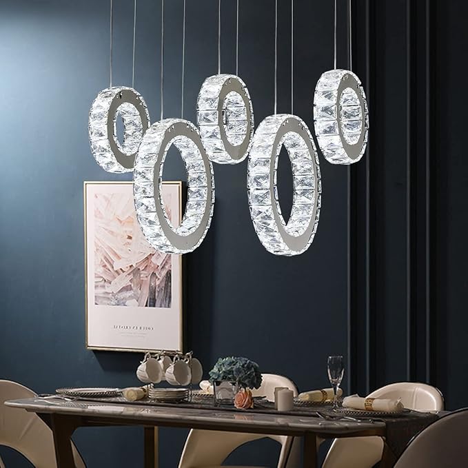 Buccleuch Modern Crystal Chandelier, Dimmable LED Ceiling Light Fixture 5-Ring Adjustable Stainless Steel Pendant Light, Silver Crystal Chandeliers for Dining Room, Bedroom, Living Room - Cool White