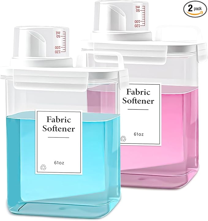 2 Pack Laundry Detergent Dispenser, 61oz Detergent Dispenser, Refluxable Laundry Detergent Container, Plastic Liquid Laundry Detergent Dispenser for Laundry Room Organization with 6 Labels