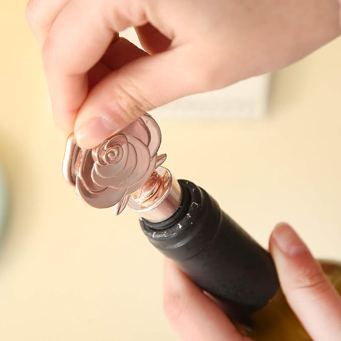 12PCS Rose Beverage Wine Bottle Stopper Wine Caps Reusable Plug Keep Wine Fresh for Birthday Wedding Bridal Shower Favors for Guests Gifts with Kraft Tags(12,Opp Rose Stopper)
