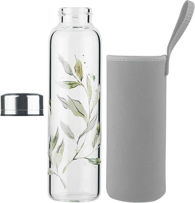 Borosilicate Glass Water Bottle, Sports Glass Drinking Bottle with Neoprene Sleeve and Stainless Steel Lid 16oz / 32oz