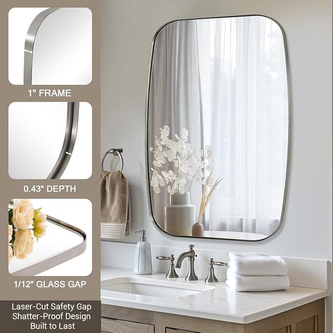 ANDY STAR Brushed Nickel Bathroom Mirror, 30x40” Oblong Mirror with Stainless Steel Metal Frame, Silver Oval Vanity Mirror for Over Sink, Modern Anti Rust Wall Mounted