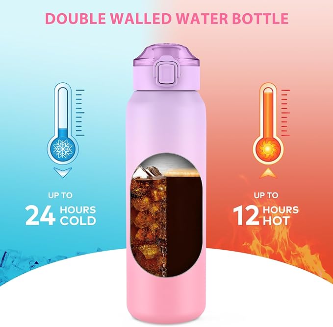 32oz Water Bottle with Removable Straw and Spout Lid Two Ways to Drink, 18/10 Stainless Steel Insulated Water Bottle, BPA-Free, Leak Proof, Double wall, for Sports, Gym