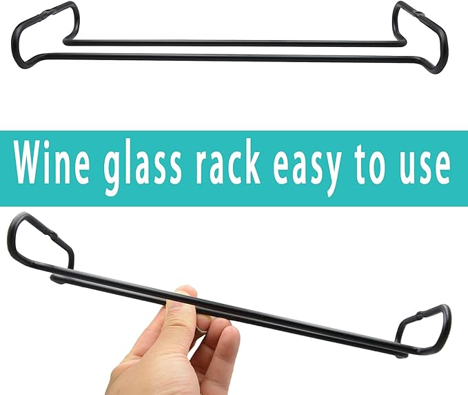 10 Inch Wine Glass Rack Under Cabinet Shelf Stemware Storage Hanging Hanger Organizer Glasses Holder with Drying Under Counter Metal for Kitchen and Bar Set of 4 Black