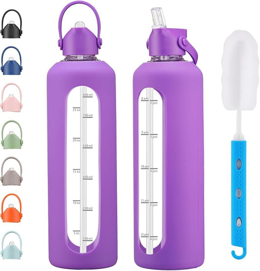 32 oz Glass Water Bottles with Straw Borosilicate Glass Water Bottle with Time Marker Motivational Water Bottles with Silicone Sleeve Leak Proof Reusable BPA Free
