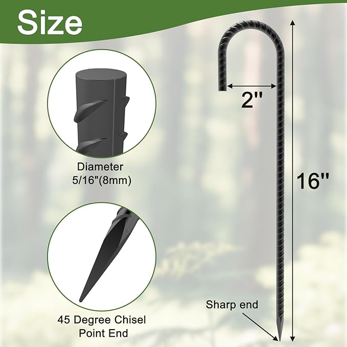 16" Ground Rebar Stakes Heavy Duty J Hook Ground Anchors, 5/16 inch Curved Steel Tent Stakes Anti Rust Steel Ground Stakes for Chain Link Wire Fencing, Pack of 40, Black