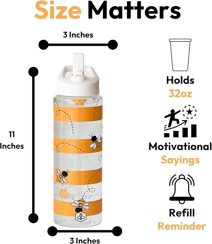 Biddlebee 32oz. Hydration Tracker Water Bottles with Times To Drink | Big Motivational Water Bottle with Time Marker, Straw Lid, & Measurements | BPA-Free