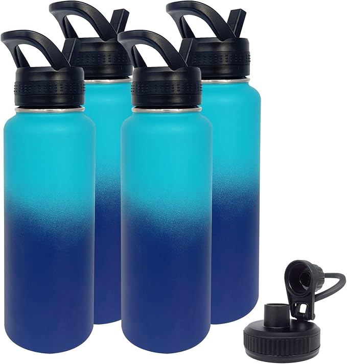 4pack 40 oz Insulated Water Bottle With Straw, Stainless Steel Sports Water Cup Flask with 2 Lids, Wide Mouth Travel Thermal Mug,Blue gradient