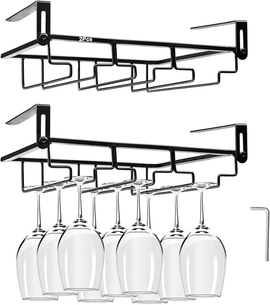 AUHOKY 2Pcs Adjustable Wine Glass Rack Under Cabinet, Punch-Free 3 Rows Stemware Metal Holder, Hanging Glass Storage Hanger Organizer for Shelf Kitchen Bar Decor (3 Rows, Black)