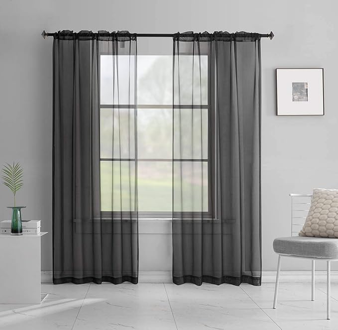 Black Sheer Voile Curtains Translucent Solid Color Window Treatment 72 Inches Long Panels Rod Pocket Black Sheers for Bedroom Living Room 2 Panels 52x72