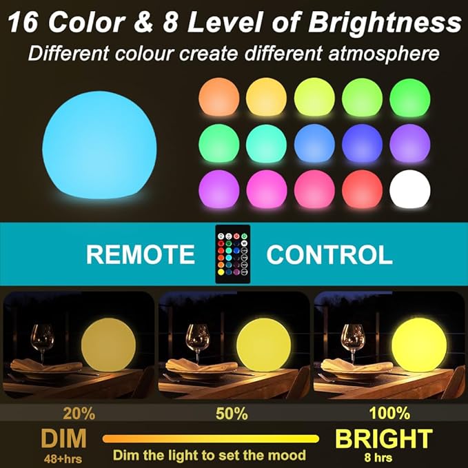 10-in Solar Globe Light, Solar Garden Ball Light Outdoor w/Remote, 16 RGB Color 4 Modes Glowing Ball, Waterproof Smart Light Sensor Control Outdoor Orb Lamp w/Ground Stake for Pathway Patio Yard Party
