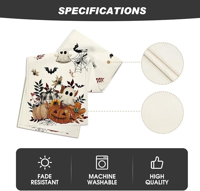 Artoid Mode Pumpkin Ghost Leaves Spider Web 210 GSM Halloween Table Runner, Spooky Kitchen Dining Table Decoration for Home Party Decor 13x120 Inch