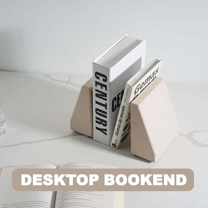 Book End, Natural Marble Bookend for Shelves, Non-Skid Bookends for Heavy Books, Heavy Duty Book Stopper for CDs and Oversized Books, Luxury Book Shelf Holder, Moleanos Beige