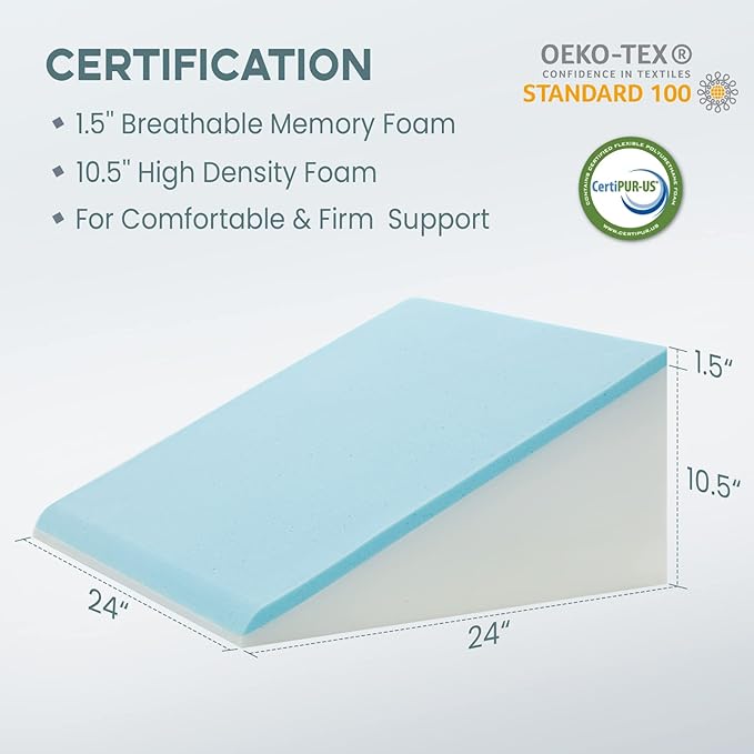 Bed Wedge Pillow, 12" 24" 24" Triangle Pillow Wedge, Cooling Memory Foam Top, Elevated Support Wedge Pillow for Relieving Acid Reflux, Heartburn, Snoring and GERD
