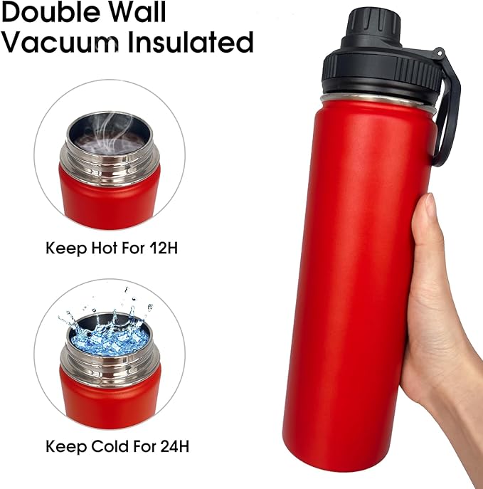 4pack 22 oz Insulated Water Bottle With Straw, Stainless Steel Sports Water Cup Flask with 2 Lids, Wide Mouth Travel Thermal Mug,Red