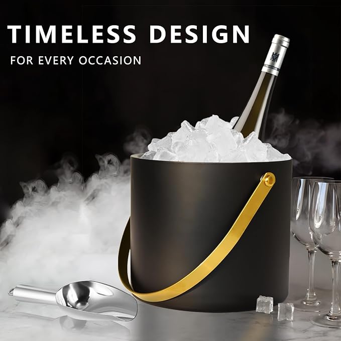 4L Ice Bucket with Silicone Lid, Scoop, Gold Tongs & Strainer, Stainless Steel Double Wall Insulated Ice Buckets for Parties & Cocktail Bar Outdoor Champagne Ice Container Bin, Black