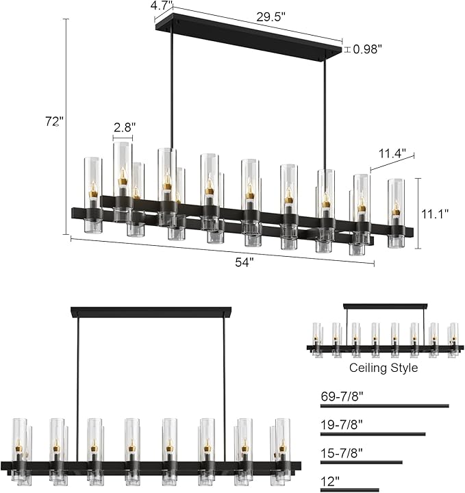 Black Kitchen Island Lighting- 16-Light Linear Chandelier, Adjustable 54'' Modern Farmhouse Rectangle Pendant Light Fixtures, Dining Room, Bedroom