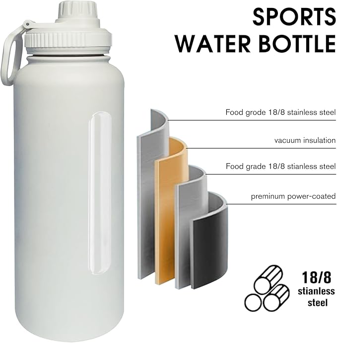 40oz Insulated Water Bottle ，Stainless Steel Sports Water Cup Flask with 2 Lids, Wide Mouth Travel Thermal Mug,Outdoor Sports Bottle（white）