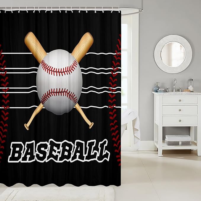 Baseball Shower Curtain Kids Ball Sports Theme Bathroom Shower Curtain Set for Boys Girls Teens Bat Baseball Games Bath Curtain for Bathtub Polyester Baseball Lover Bathroom Accessories 72"x72"