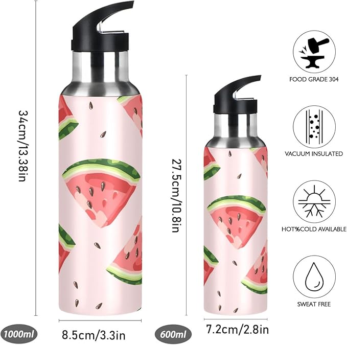 ALAZA Red Watermelons Water Bottle With Straw Lids Boys Girls,Vacuum Insulated Leakproof Stainless-Steel Sports Bottle Thermal Flask For Gym Yoga Camping,20Oz (600Ml)