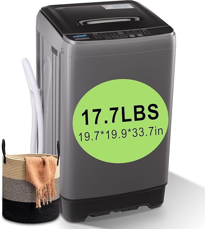 17.7 lbs Full Automatic Washing Machine with LED Display Compact Drain Dump, 10 Wash Programs and 8 Water Levels Ideal for Dorms, Apartments, RV, Grey (KB03-GREY6-3)